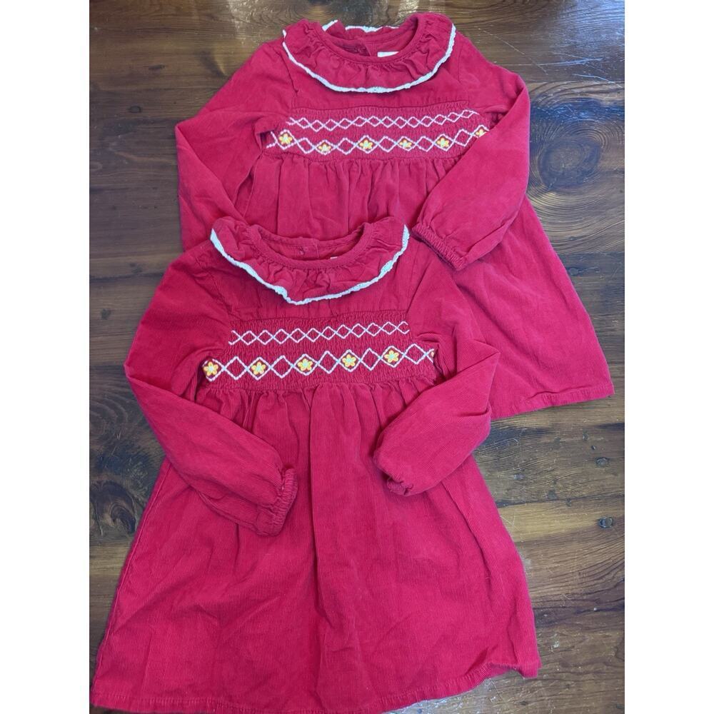 Smocked Long Sleeve Red Corduroy Holiday Dresses Matching Sister Dresses 3T/4T